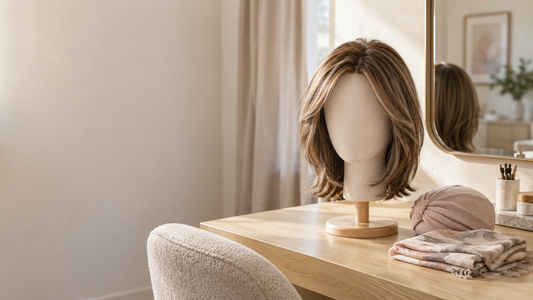 Natural-looking wig and soft bamboo headwear displayed in a private wig fitting room.