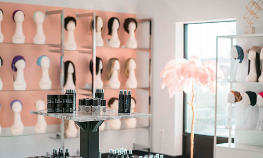 A styled synthetic wig on a mannequin beside wig care products from Serenity Wig Boutique.
