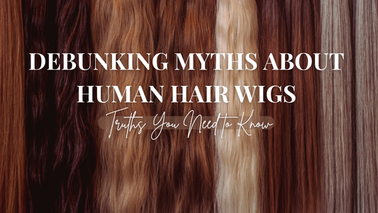 Photo of a stylish human hair wig displayed on a mannequin, highlighting the blog topic 'Debunking Common Myths About Human Hair Wigs' with text overlay.