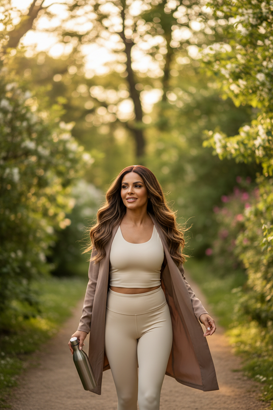 Woman wearing a natural-looking lace front wig during an outdoor walk in a park, demonstrating that modern wigs can be comfortable for everyday activities and active lifestyles.