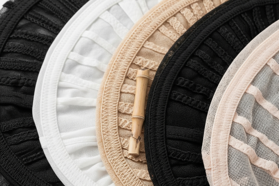 Variety of wig caps in different materials and colors displayed side by side.